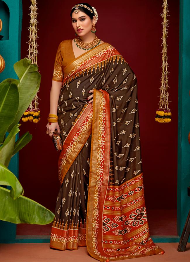 Patola Silk Brown Wedding Wear Digital Printed Saree